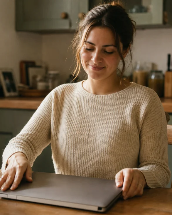 A relaxed homeowner closing her laptop at the kitchen table